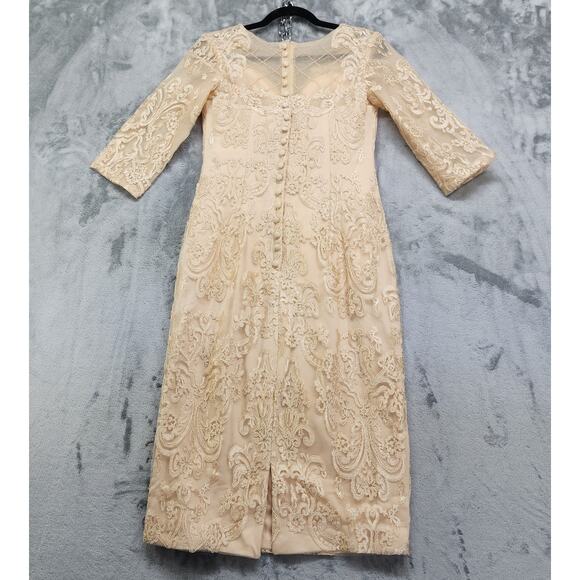 Formal Dress Jacket Set Size 8 Champagne Gold Beaded Lace Chiffon Sheath Party - Picture 6 of 14